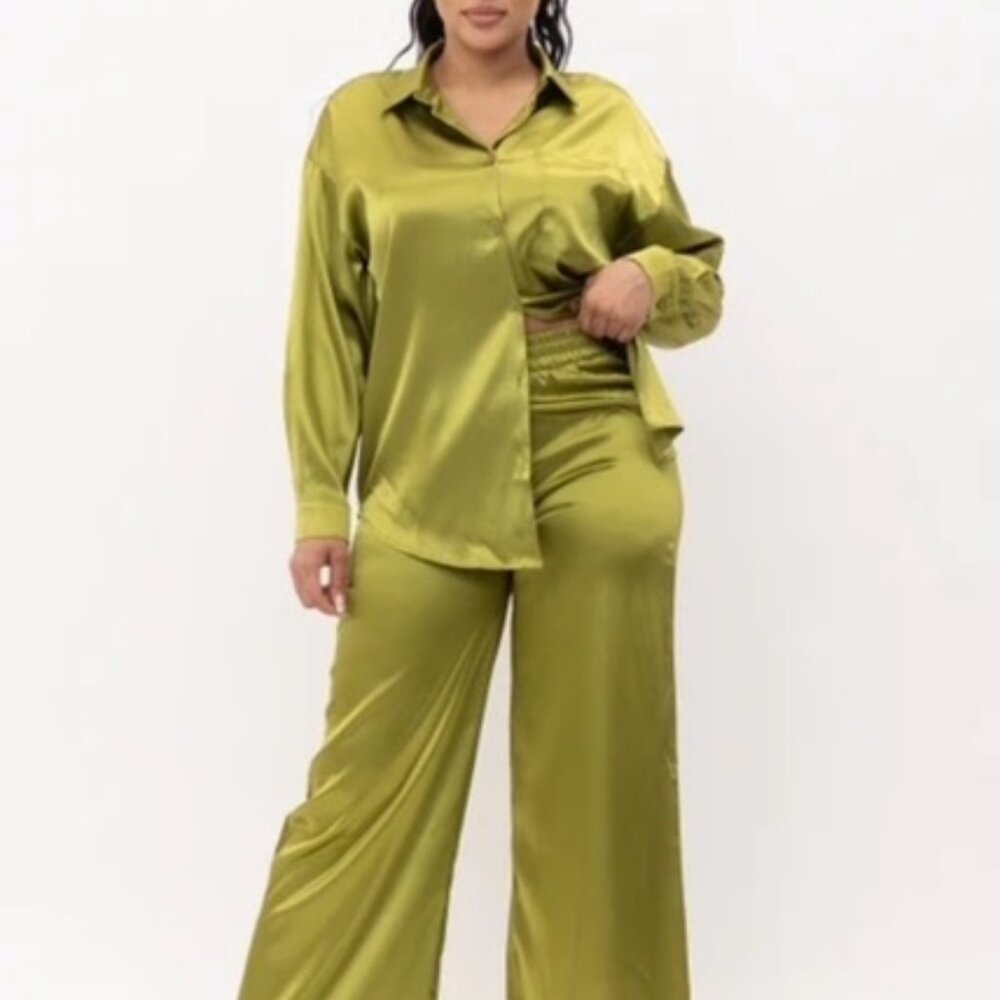 Olive Green Satin Button-Up Top & Wide-Leg Pants Set
